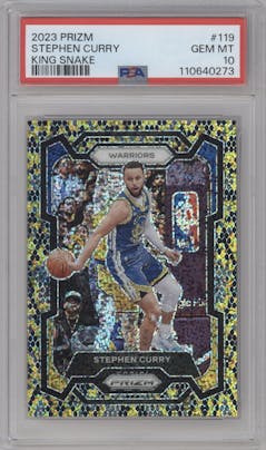 Stephen Curry from the 2023-24 Panini Prizm set featuring a King Snake parallel graded by PSA and given an overall grade of 10.