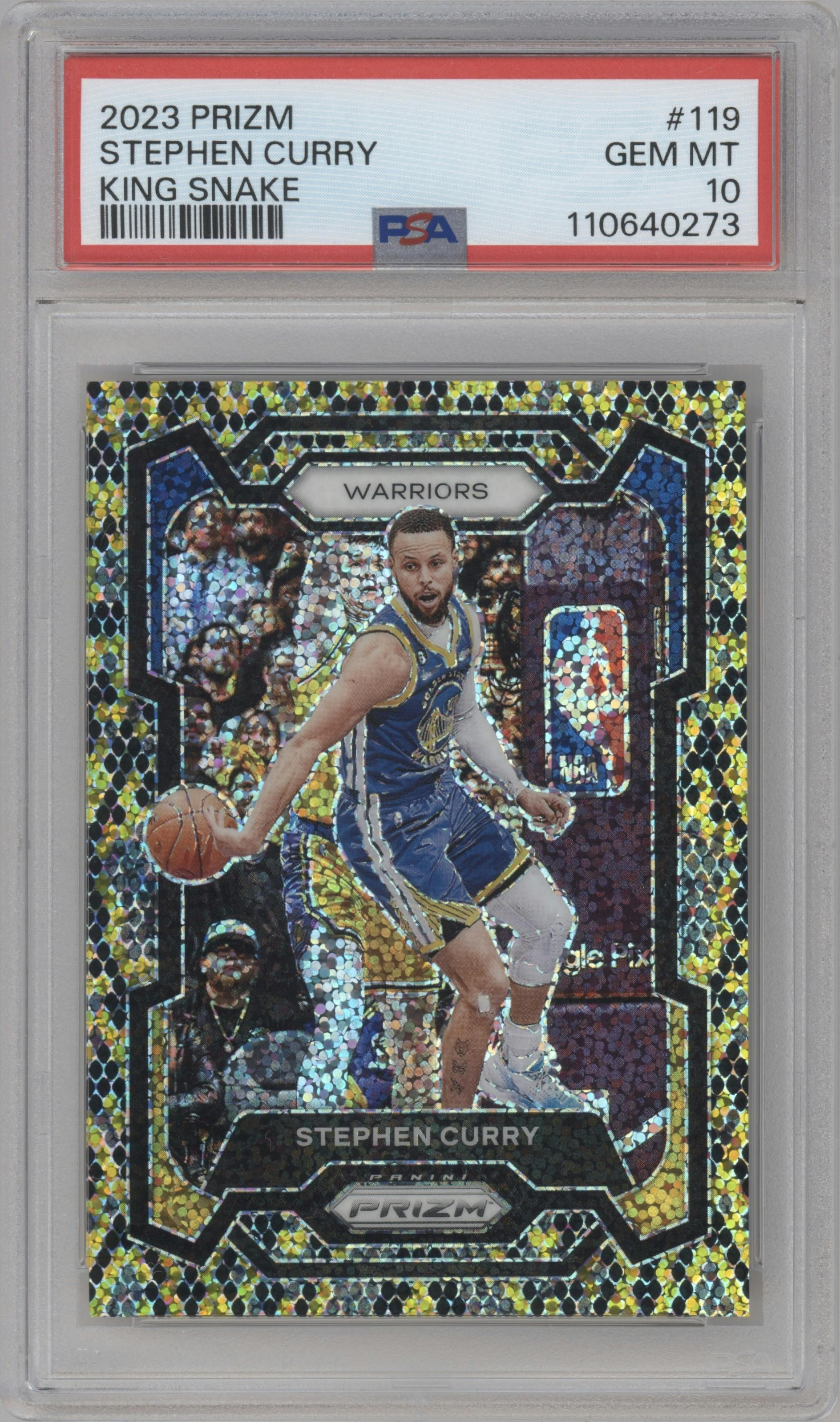 Stephen Curry from the 2023-24 Panini Prizm set featuring a King Snake parallel graded by PSA and given an overall grade of 10.