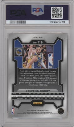 Stephen Curry from the 2023-24 Panini Prizm set featuring a King Snake parallel graded by PSA and given an overall grade of 10.