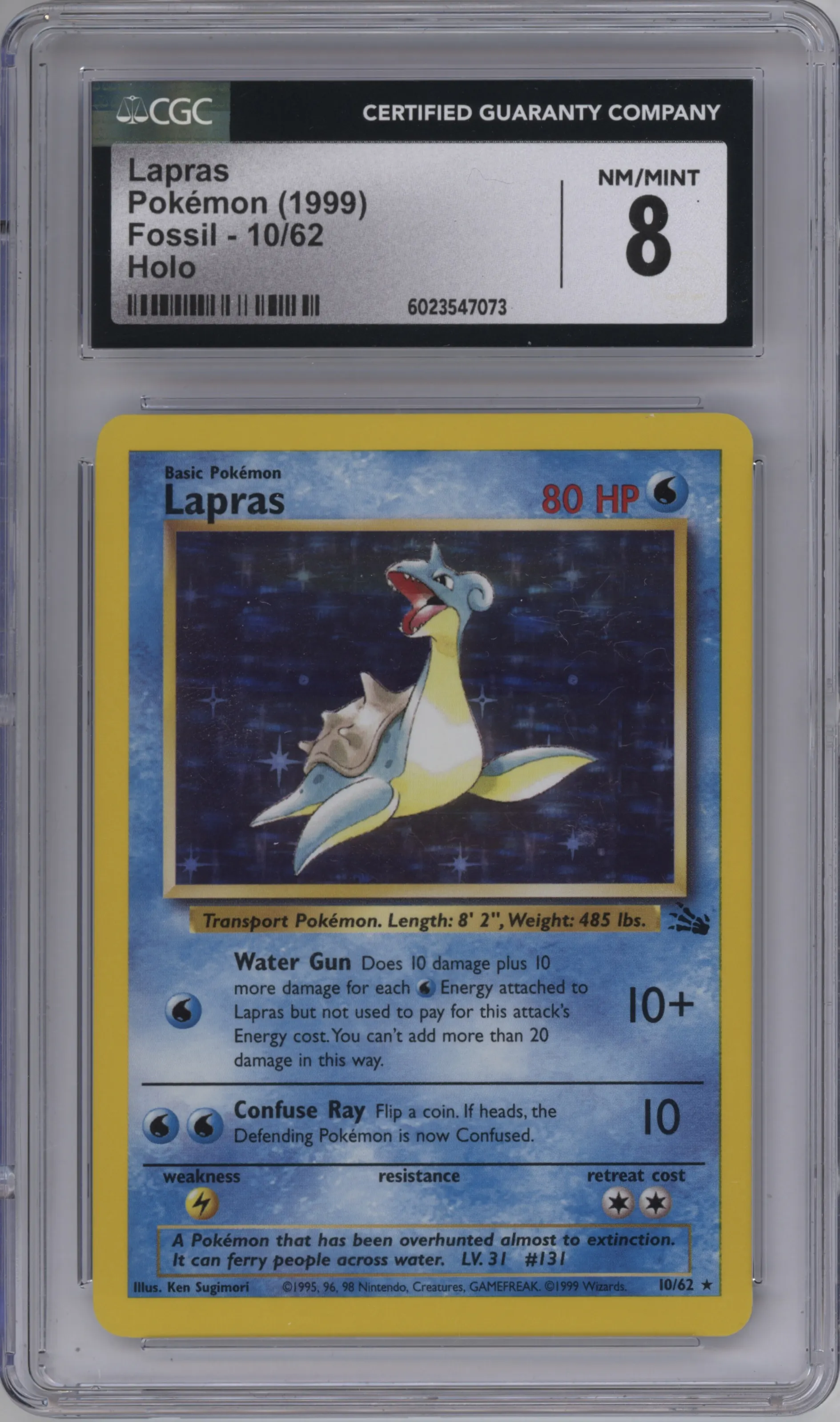 Lapras from the 1999 Pokemon set graded by CSG and given an overall grade of 8.