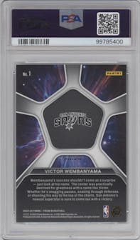 Victor Wembanyama from the 2023-24 Panini Prizm set featuring a Silver Prizm parallel graded by PSA and given an overall grade of 10.