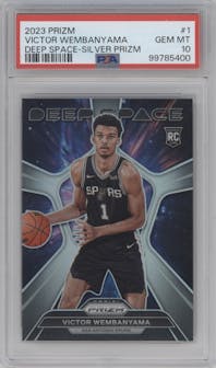Victor Wembanyama from the 2023-24 Panini Prizm set featuring a Silver Prizm parallel graded by PSA and given an overall grade of 10.