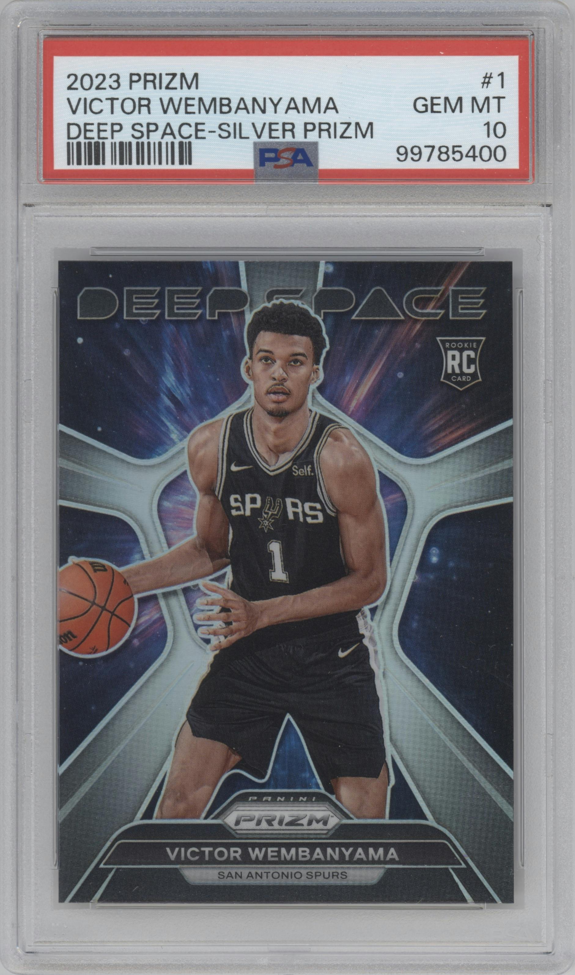 Victor Wembanyama from the 2023-24 Panini Prizm set featuring a Silver Prizm parallel graded by PSA and given an overall grade of 10.