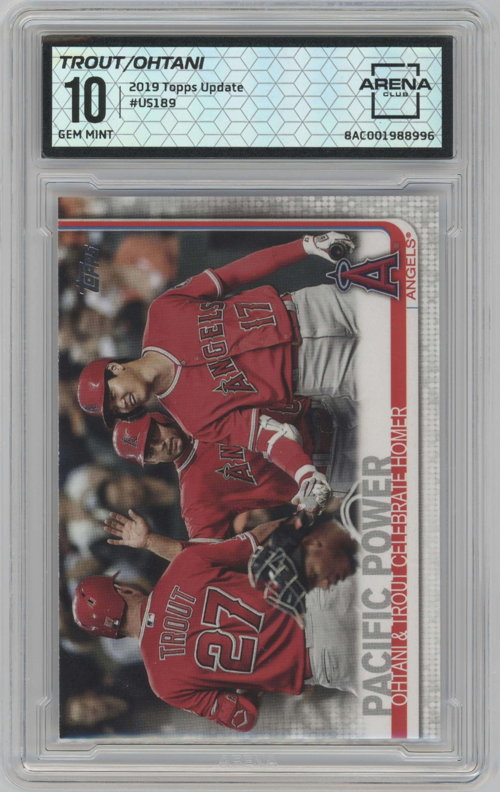 Mike Trout/Shohei Ohtani from the 2019 Topps Update  set graded by Arena Club and given an overall grade of 10.