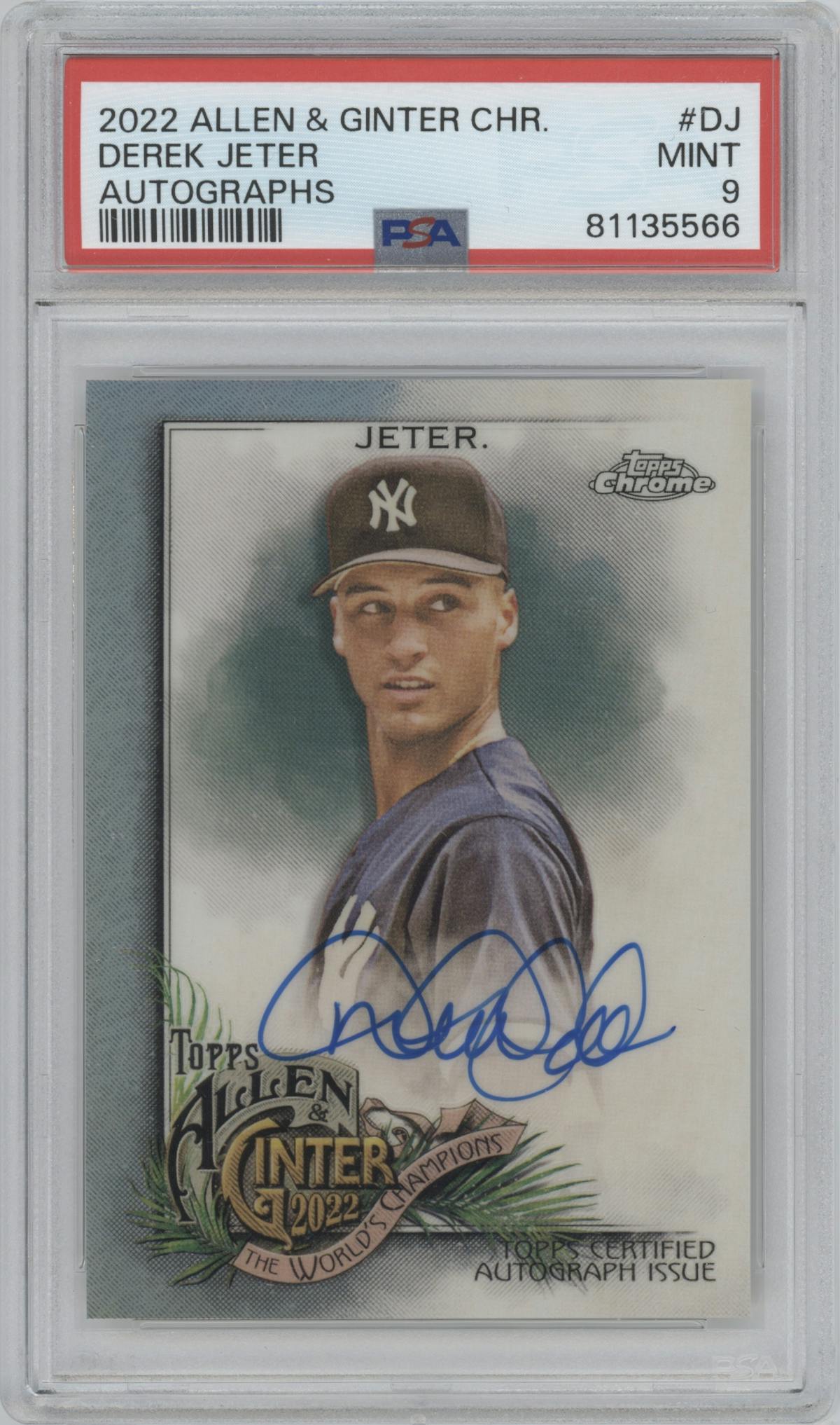 Derek Jeter from the 2022 Topps Allen & Ginter Chrome set graded by PSA and given an overall grade of 9.