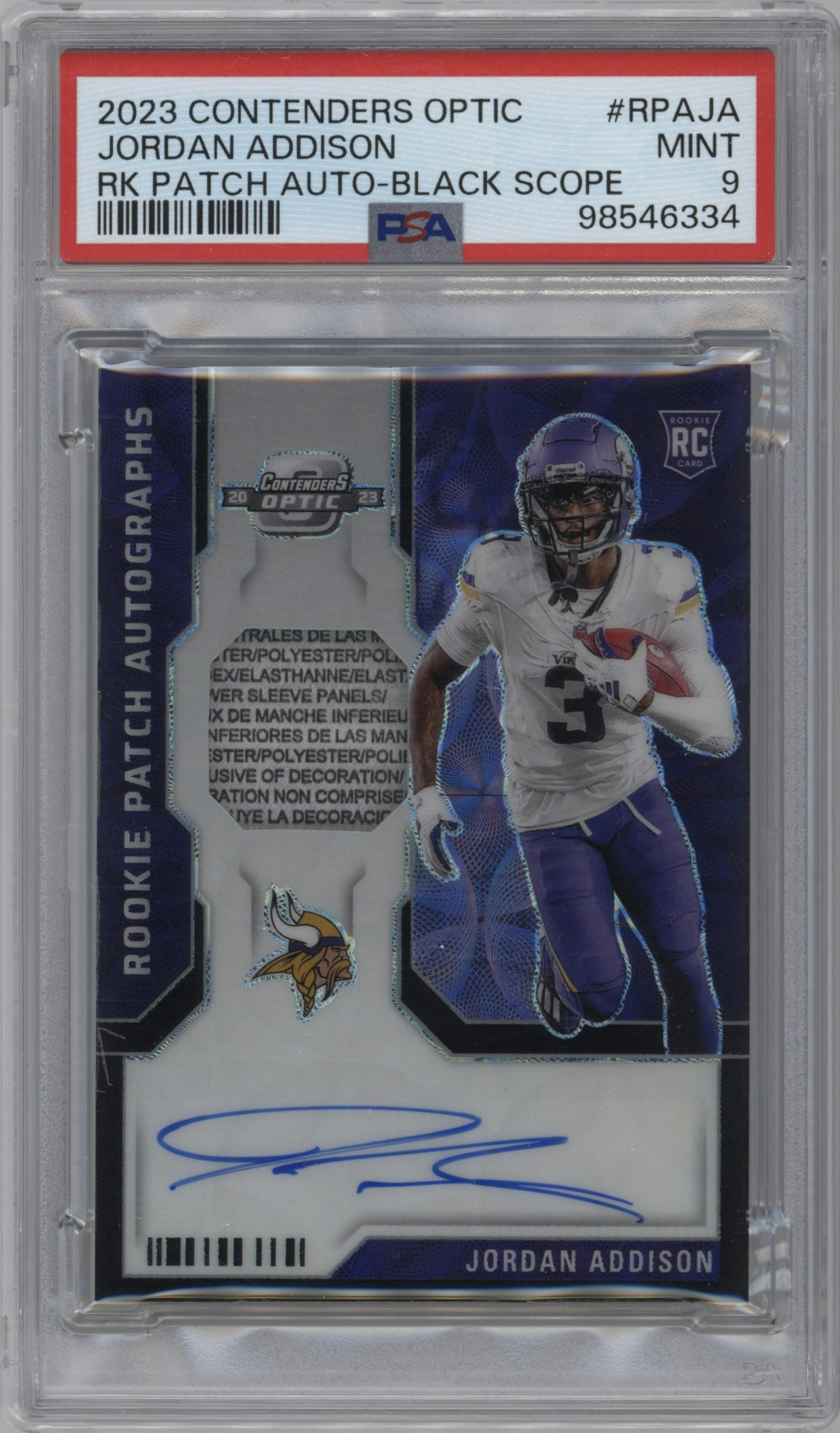 Jordan Addison from the 2023 Panini Contenders Optic set featuring a Black Scope parallel graded by PSA and given an overall grade of 9.