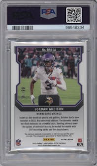 Jordan Addison from the 2023 Panini Contenders Optic set featuring a Black Scope parallel graded by PSA and given an overall grade of 9.
