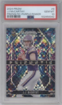 J.J. McCarthy from the 2024 Panini Prizm set featuring a Purple Power parallel graded by PSA and given an overall grade of 10.