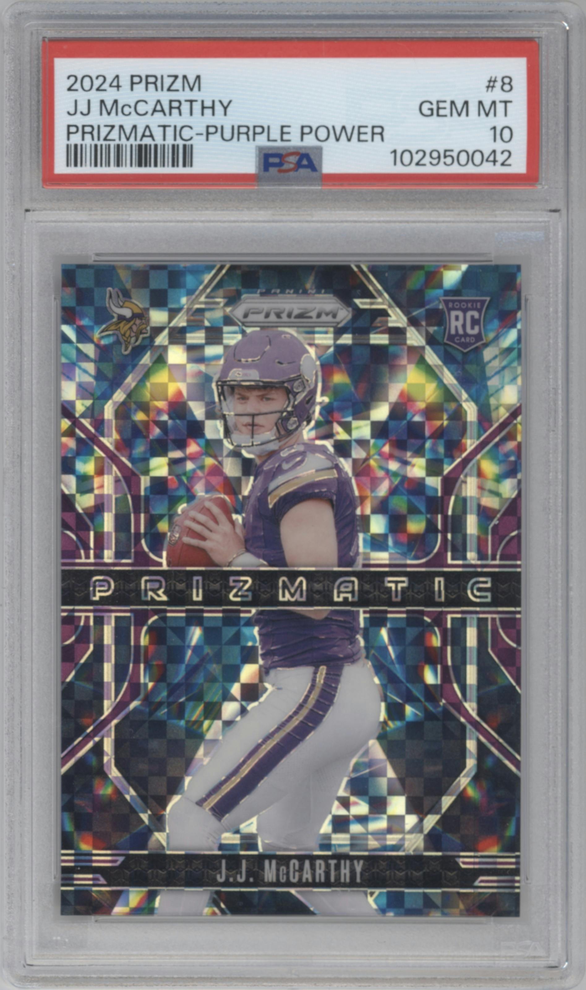J.J. McCarthy from the 2024 Panini Prizm set featuring a Purple Power parallel graded by PSA and given an overall grade of 10.