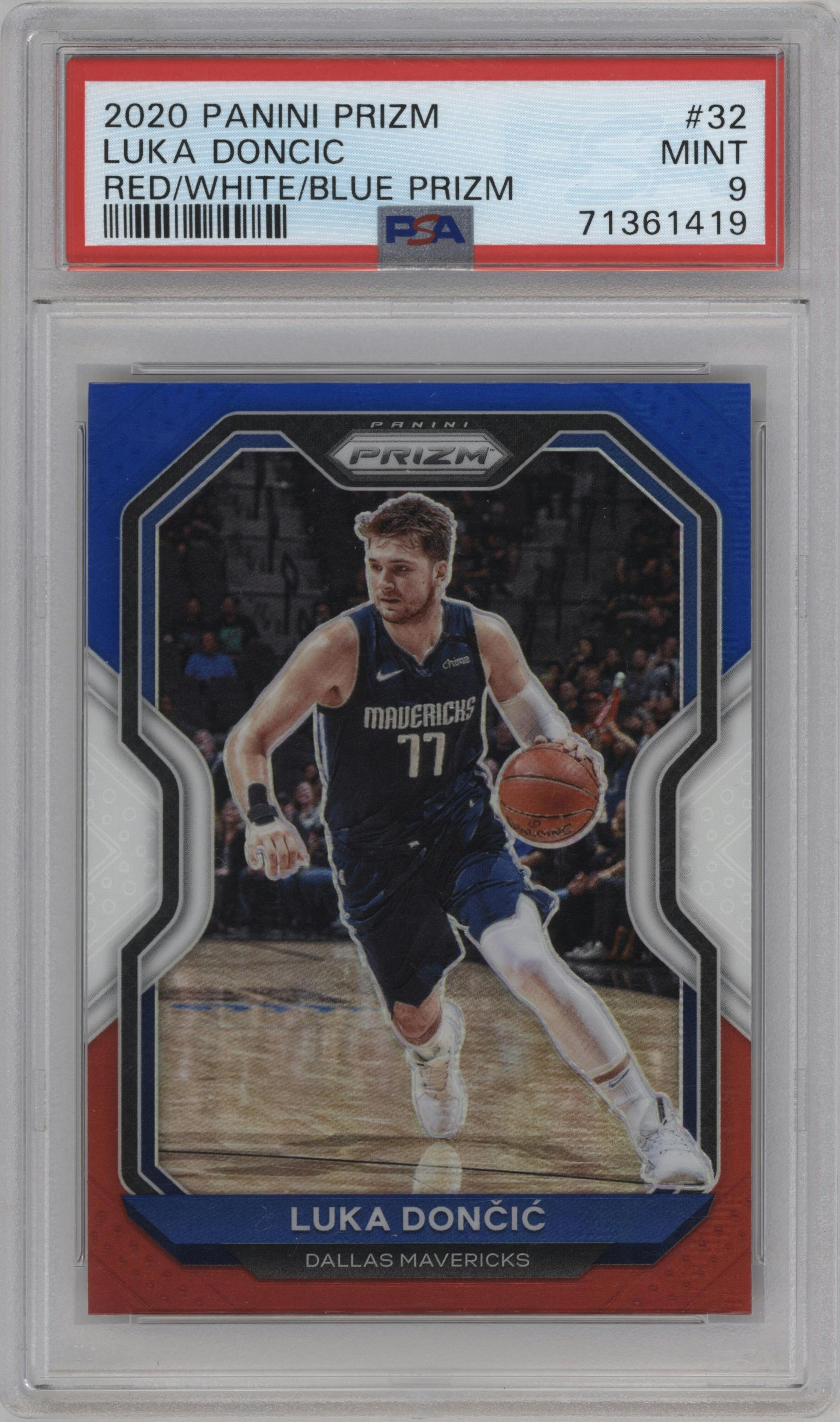 Luka Doncic from the 2020-21 Panini Prizm set featuring a Red/White/Blue Prizm parallel graded by PSA and given an overall grade of 9.