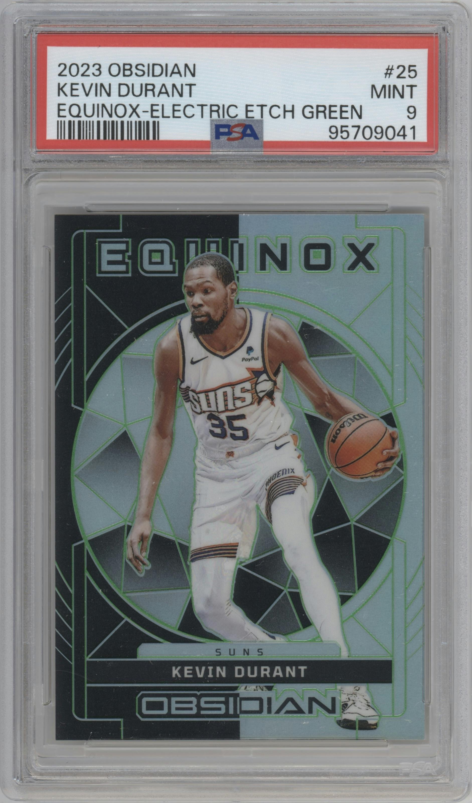 Kevin Durant from the 2023-24 Panini Obsidian set featuring a Electric Etch Green parallel graded by PSA and given an overall grade of 9.
