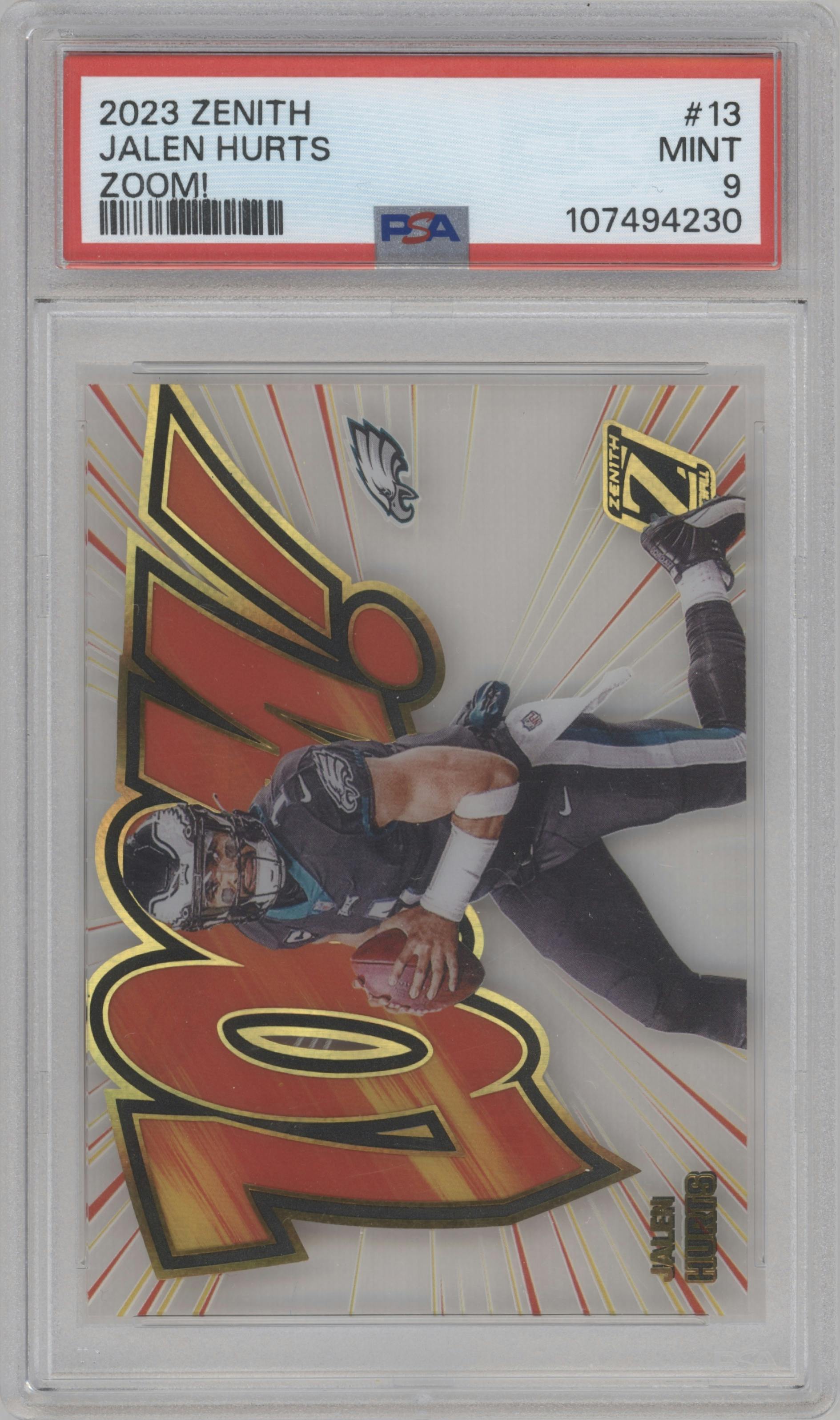 Jalen Hurts from the 2023 Panini Zenith set graded by PSA and given an overall grade of 9.