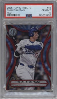 Shohei Ohtani from the 2025 Topps Tribute set featuring a Red parallel graded by PSA and given an overall grade of 10.