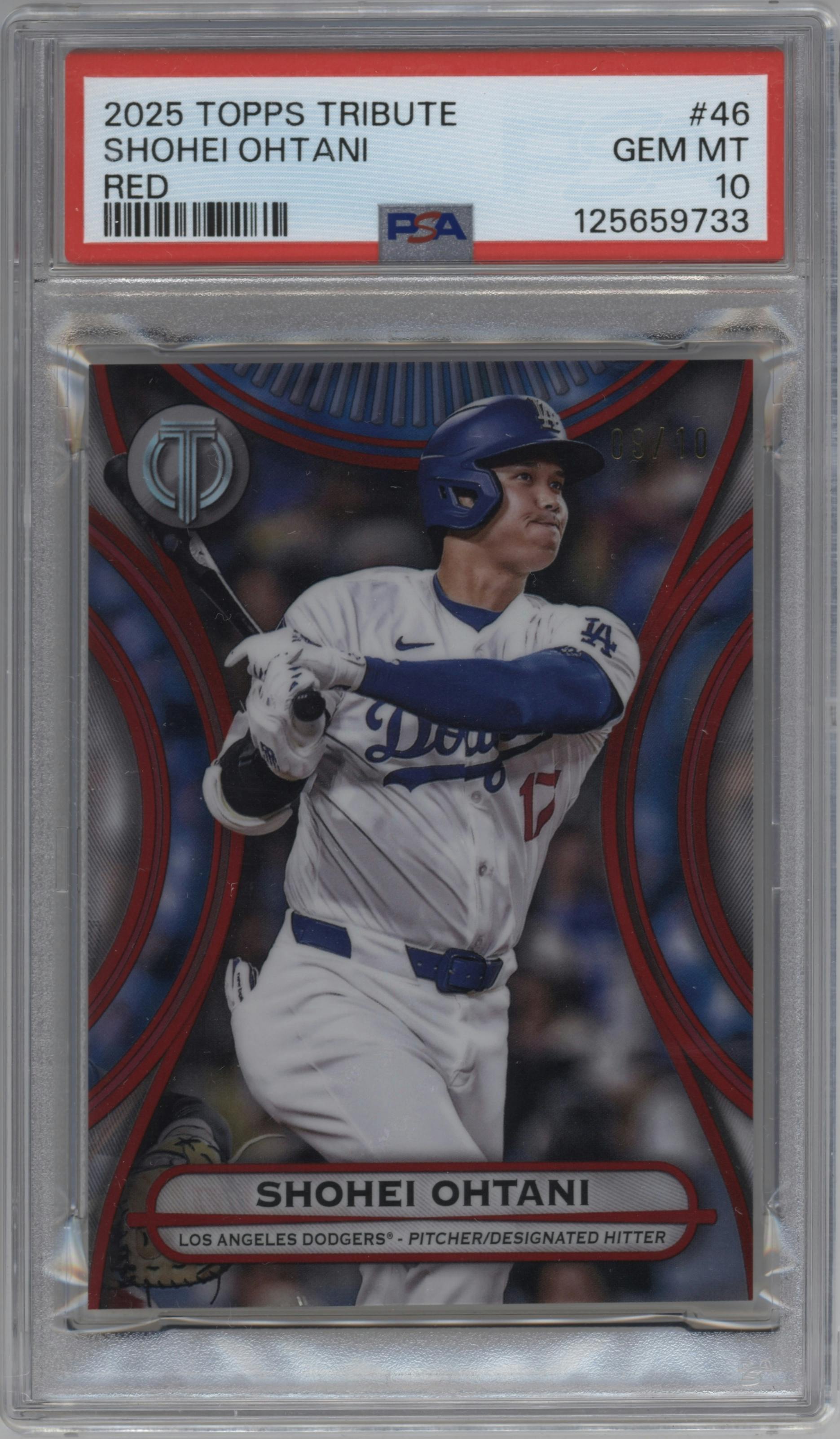 Shohei Ohtani from the 2025 Topps Tribute set featuring a Red parallel graded by PSA and given an overall grade of 10.