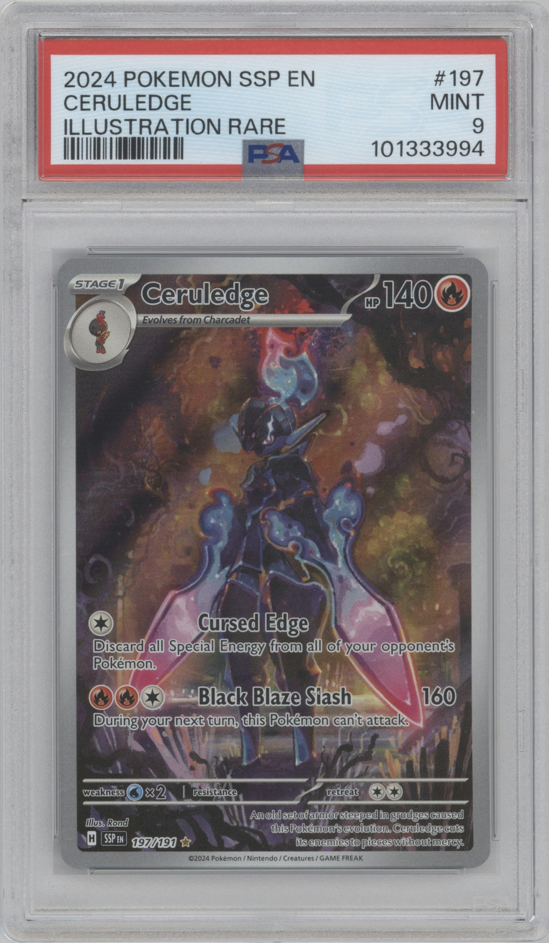 Ceruledge from the 2024 Pokemon SV set graded by PSA and given an overall grade of 9.