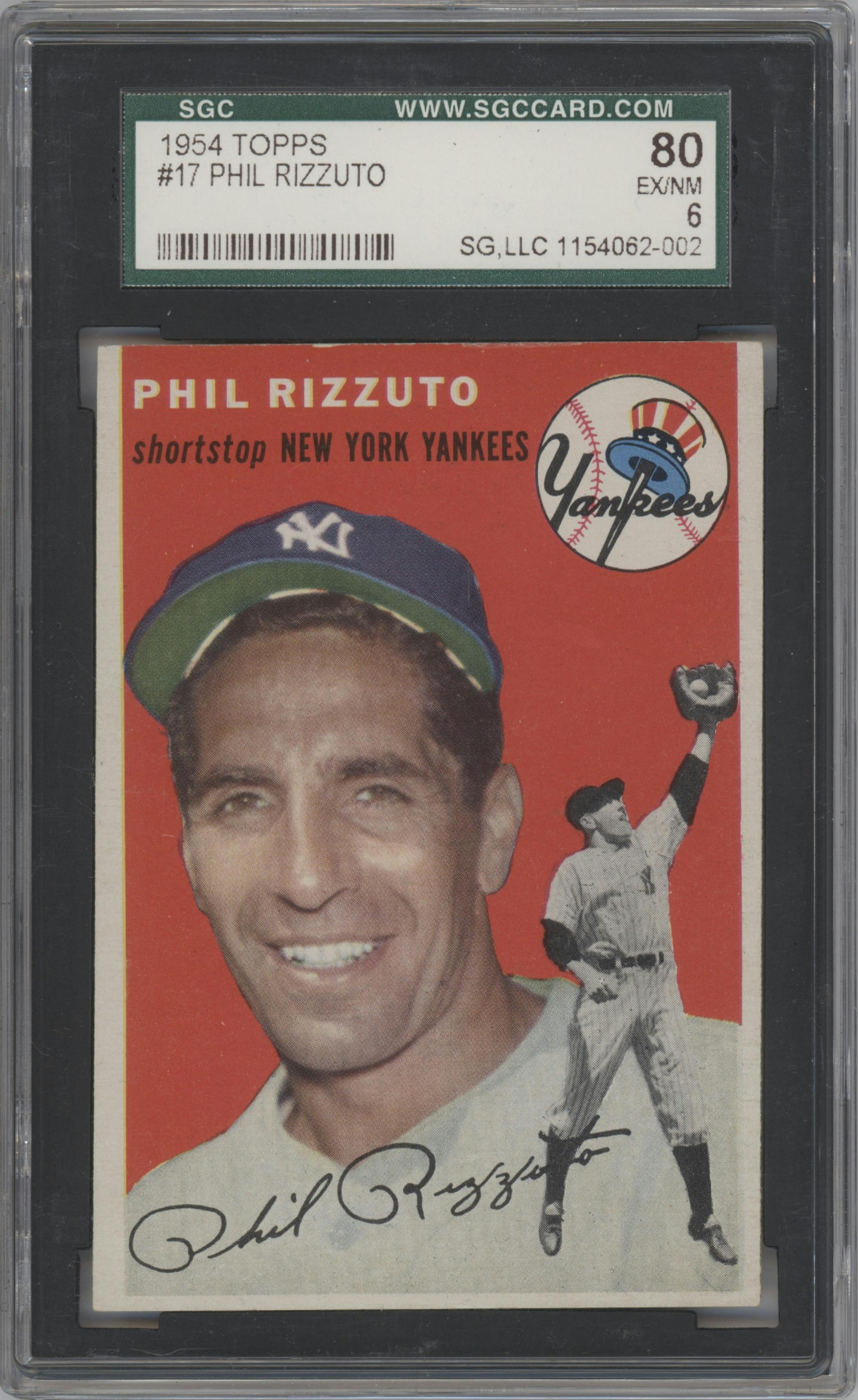Phil Rizzuto from the 1954 Topps set graded by SGC and given an overall grade of 6.