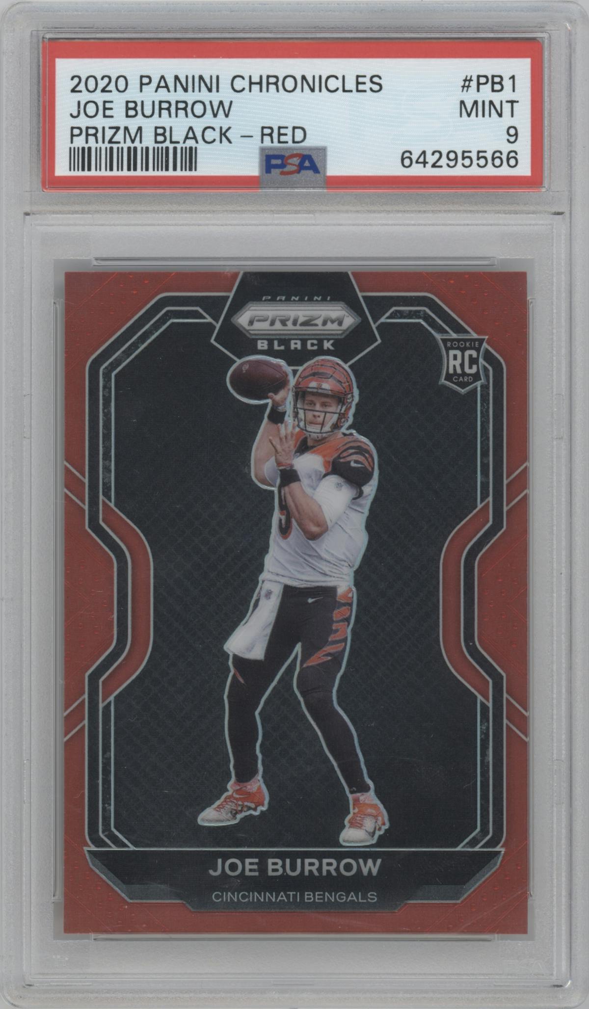 Joe Burrow from the 2020 Panini Chronicles set featuring a Red parallel graded by PSA and given an overall grade of 9.