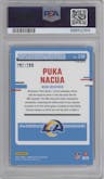 Puka Nacua from the 2023 Donruss Optic set featuring a Aqua parallel graded by PSA and given an overall grade of 10.