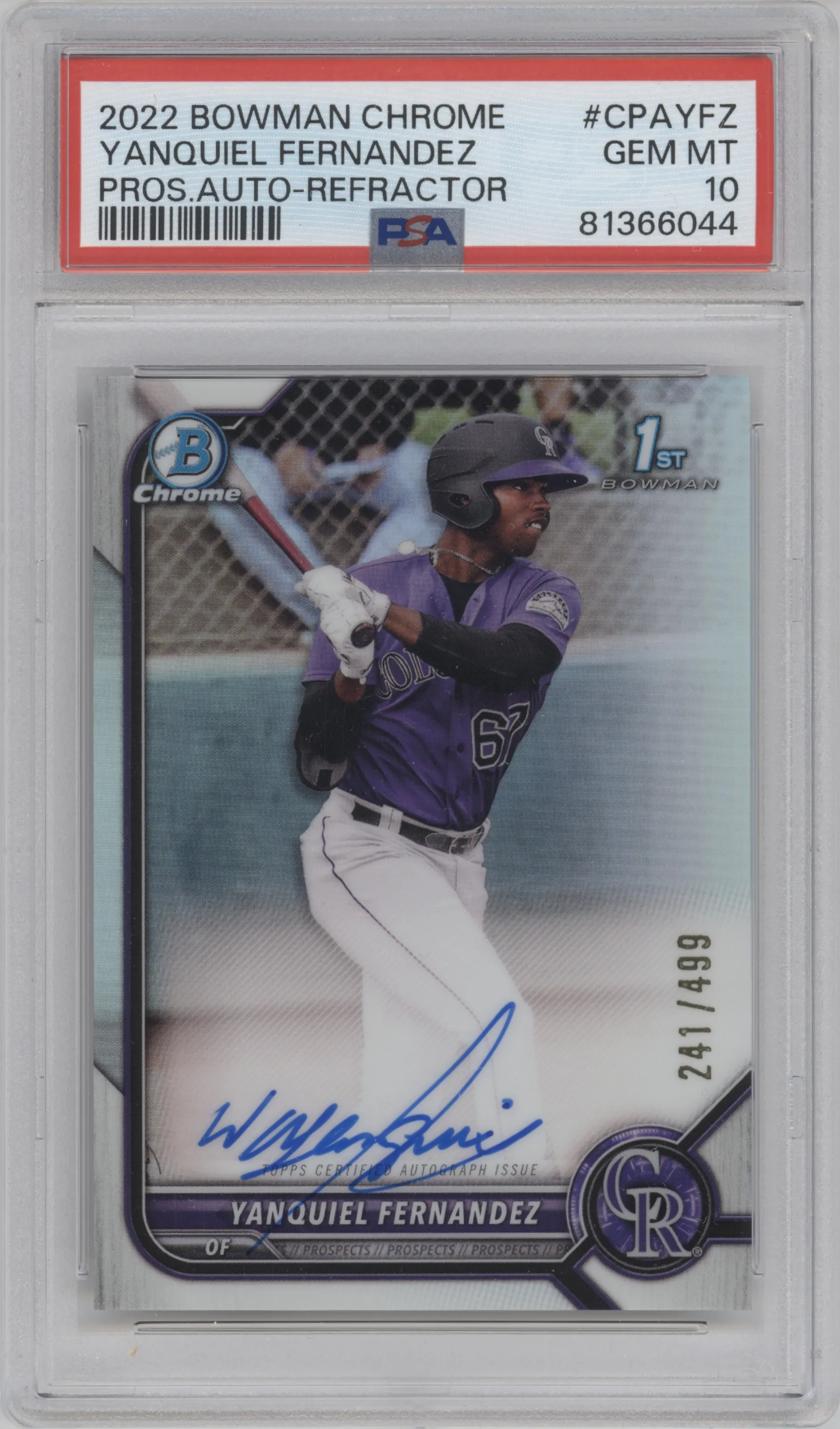 2022 Bowman Chrome Pros.Auto Yanquiel Fernandez Refractor PSA 10