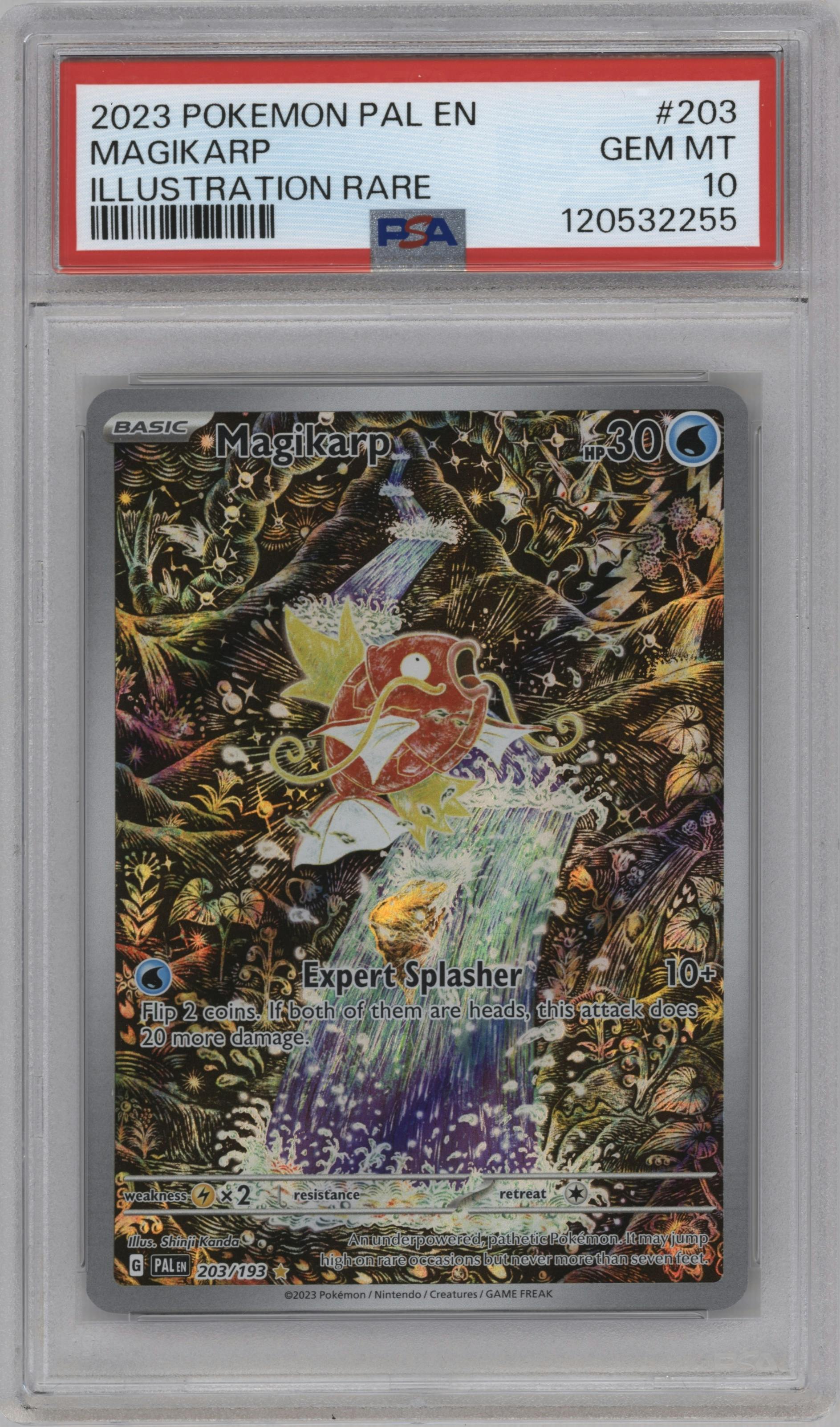 Magikarp from the 2023 Pokemon SV set graded by PSA and given an overall grade of 10.