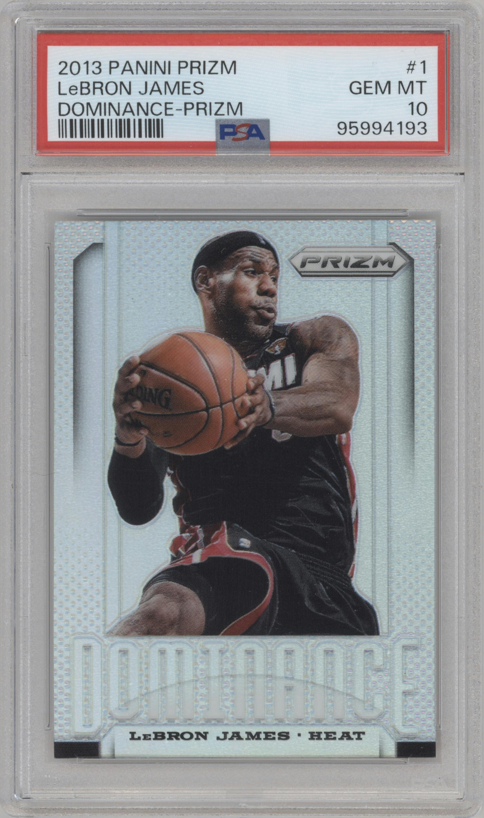 Lebron James from the 2013-14 Panini Prizm set featuring a Prizm parallel graded by PSA and given an overall grade of 10.