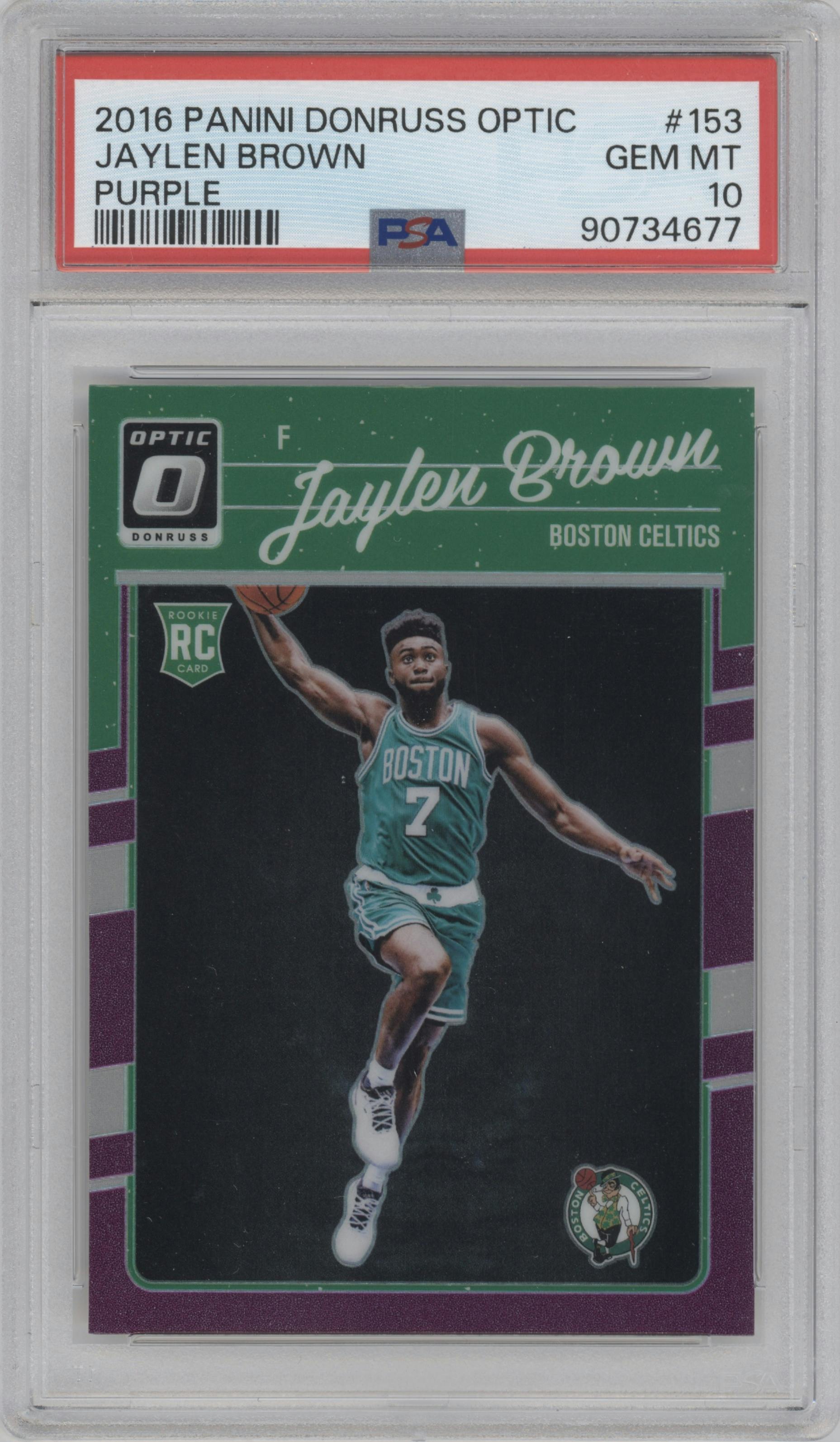 Jaylen Brown from the 2016-17 Panini Donruss Optic set featuring a Purple parallel graded by PSA and given an overall grade of 10.