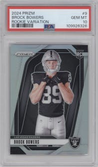 Brock Bowers from the 2024 Panini Prizm set graded by PSA and given an overall grade of 10.