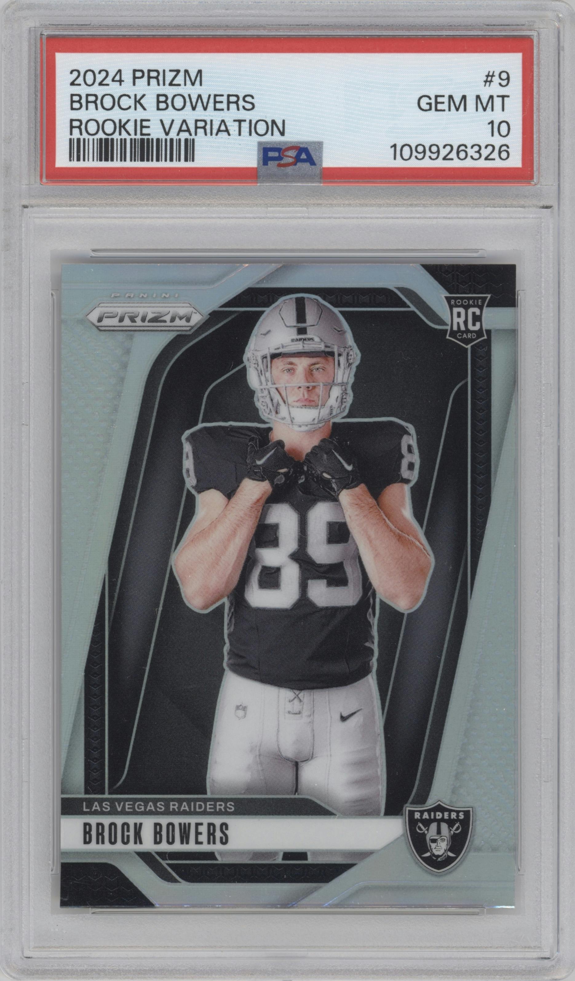 Brock Bowers from the 2024 Panini Prizm set graded by PSA and given an overall grade of 10.