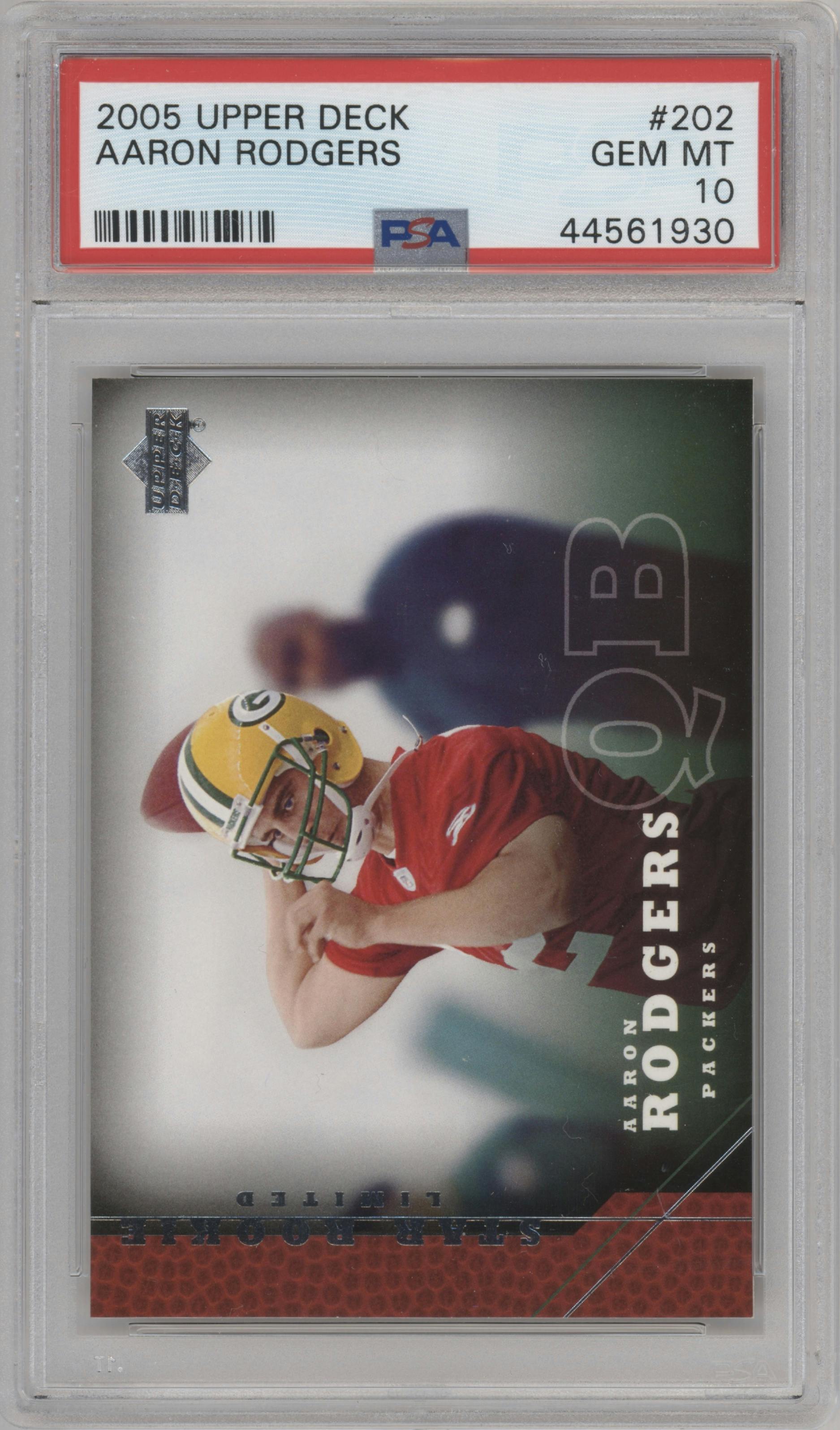 Aaron Rodgers from the 2005 Upper Deck set graded by PSA and given an overall grade of 10.