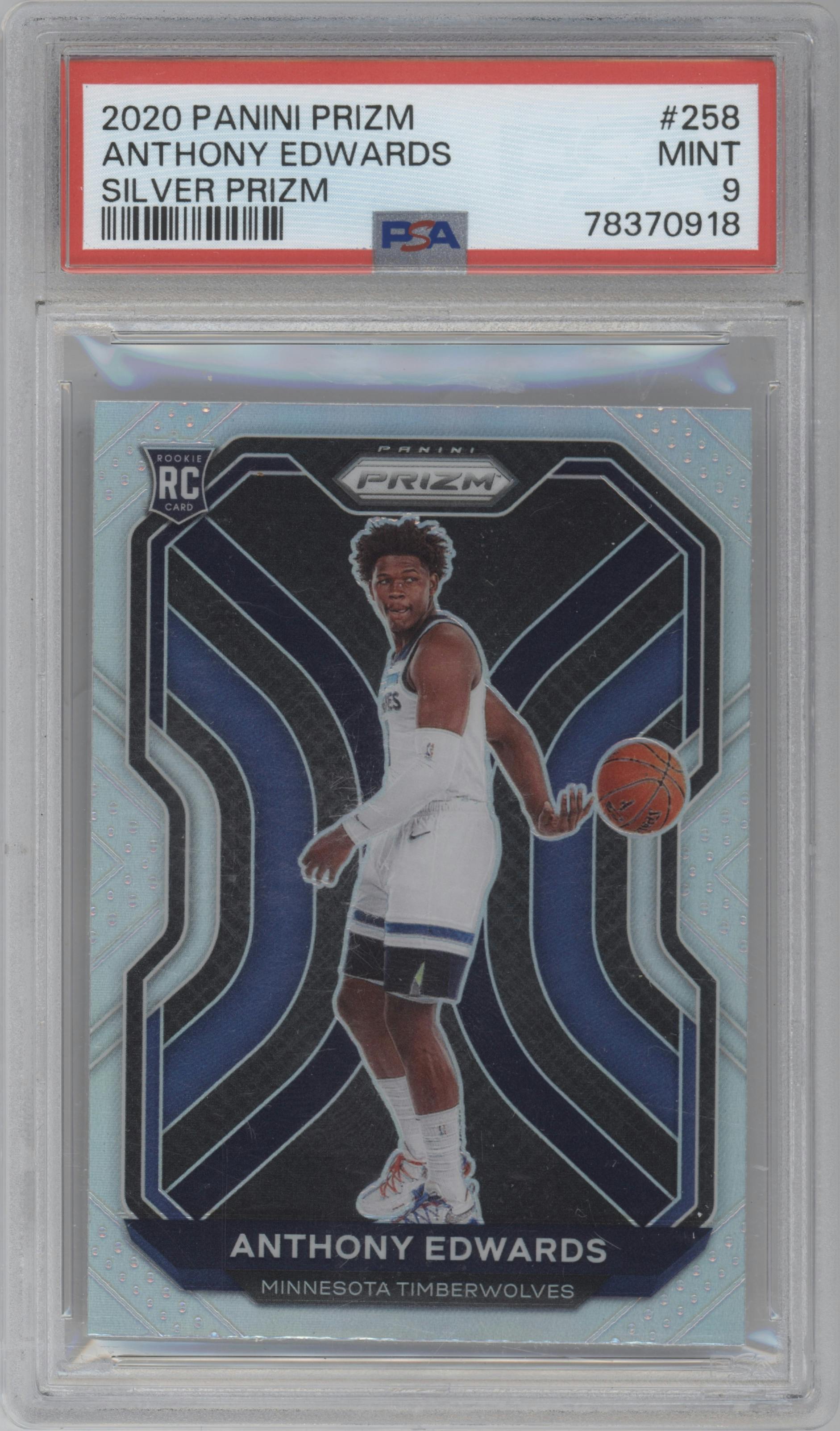 Anthony Edwards from the 2020-21 Panini Prizm set featuring a Silver Prizm parallel graded by PSA and given an overall grade of 9.