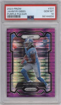 Jahmyr Gibbs from the 2023 Panini Prizm set featuring a Purple Pulsar parallel graded by PSA and given an overall grade of 10.