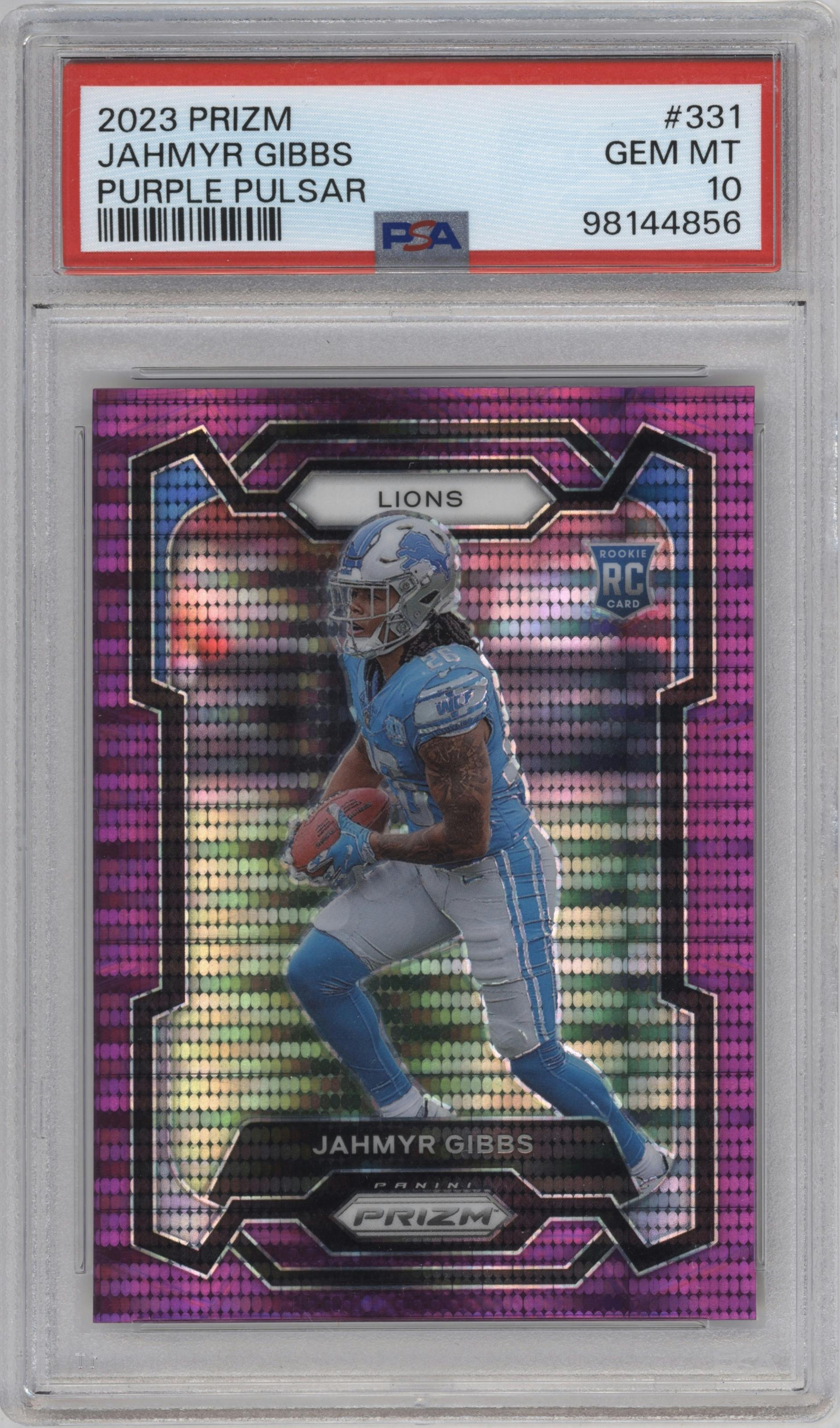 Jahmyr Gibbs from the 2023 Panini Prizm set featuring a Purple Pulsar parallel graded by PSA and given an overall grade of 10.