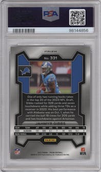 Jahmyr Gibbs from the 2023 Panini Prizm set featuring a Purple Pulsar parallel graded by PSA and given an overall grade of 10.