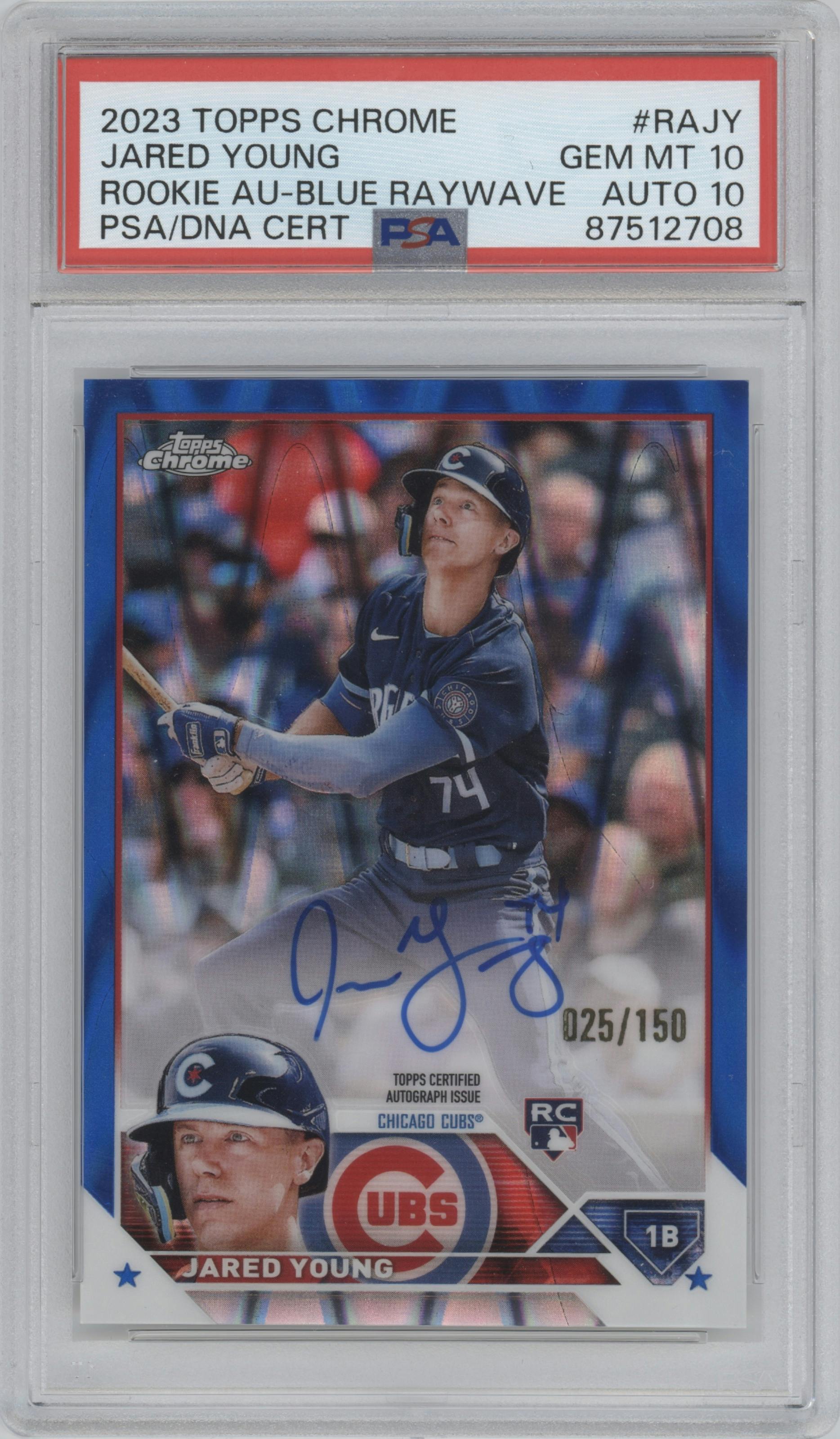 Jared Young from the 2023 Topps Chrome set featuring a Blue RayWave Refractor parallel graded by PSA and given an overall grade of 10.