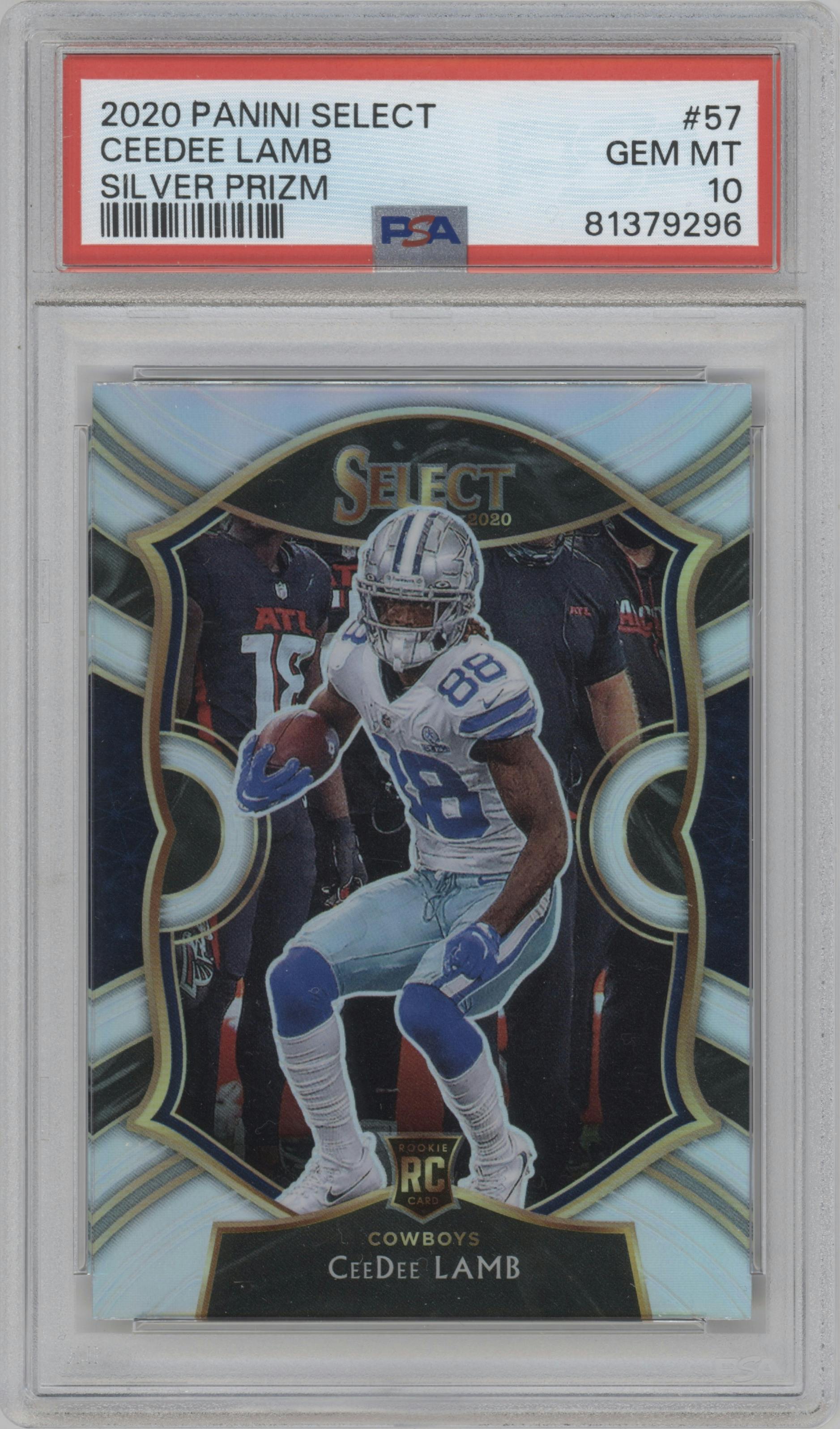 CeeDee Lamb from the 2020 Panini Select set featuring a Silver Prizm parallel graded by PSA and given an overall grade of 10.