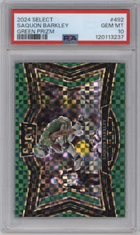 Saquon Barkley from the 2024 Panini Select set featuring a Green Prizm parallel graded by PSA and given an overall grade of 10.