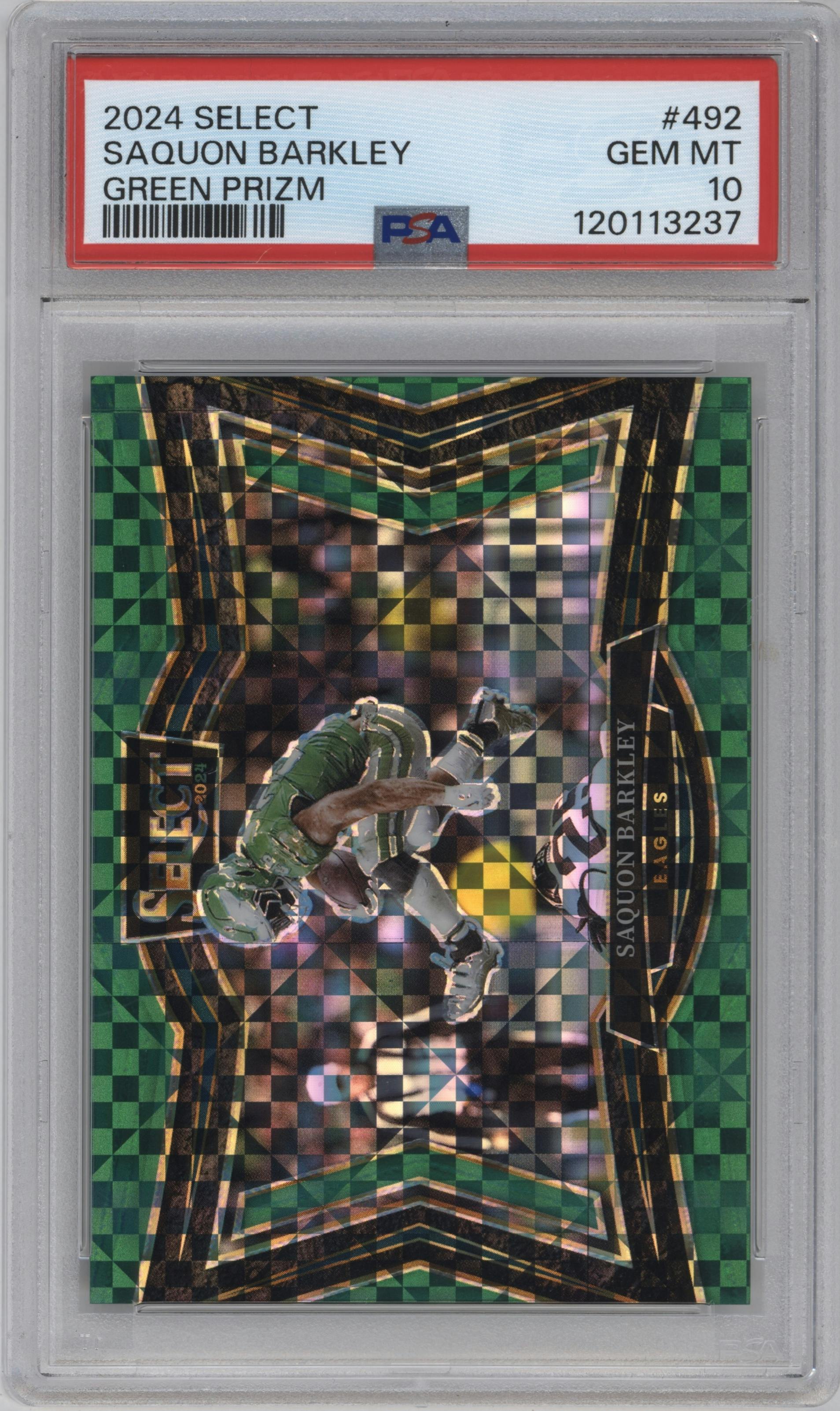 Saquon Barkley from the 2024 Panini Select set featuring a Green Prizm parallel graded by PSA and given an overall grade of 10.