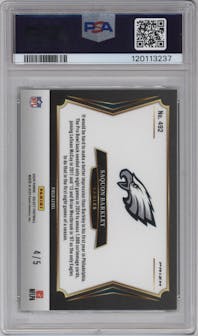 Saquon Barkley from the 2024 Panini Select set featuring a Green Prizm parallel graded by PSA and given an overall grade of 10.