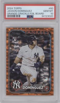 Jasson Dominguez from the 2024 Topps  set featuring a Orange Crackle Foil parallel graded by PSA and given an overall grade of 10.