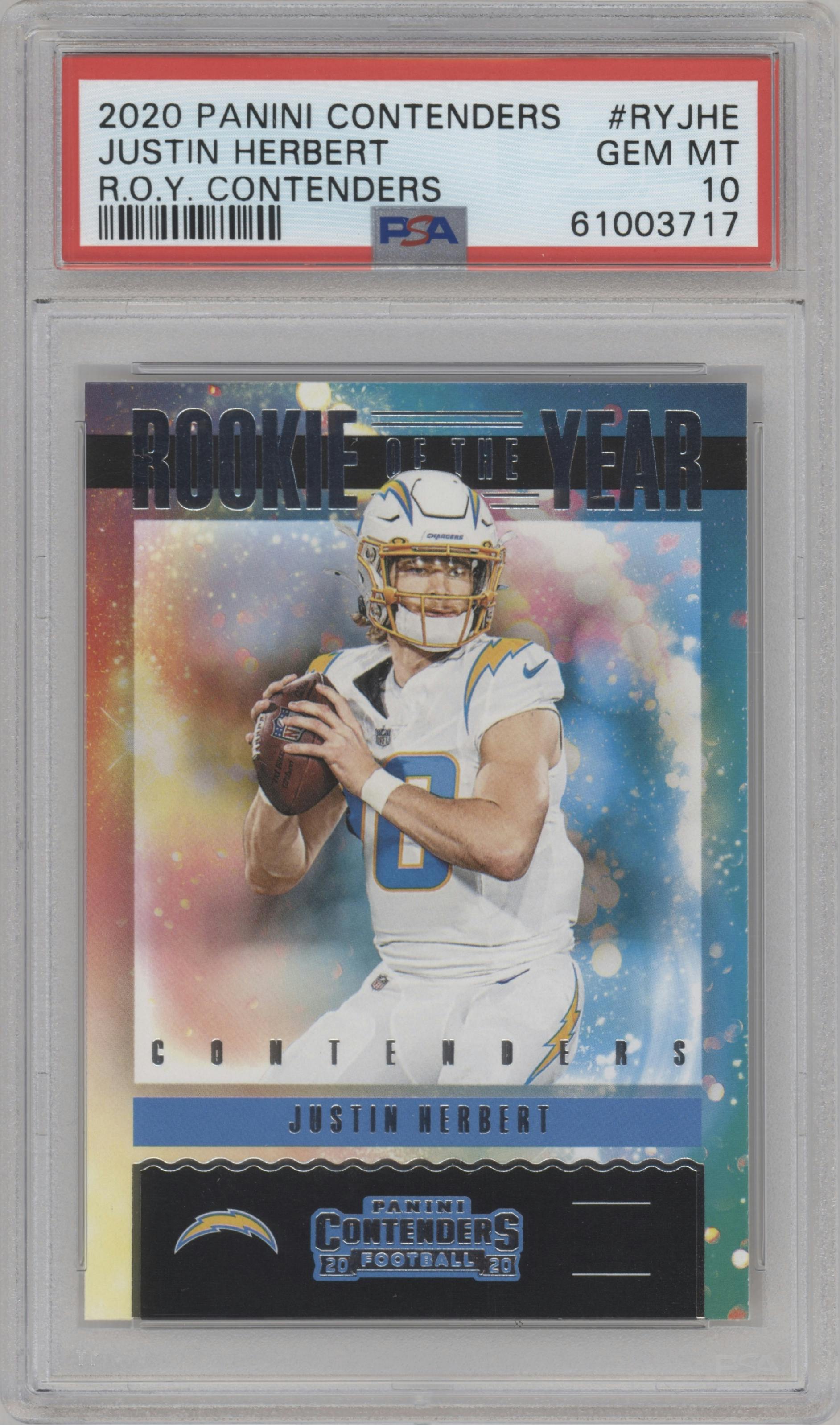 Justin Herbert from the 2020 Panini Contenders set graded by PSA and given an overall grade of 10.