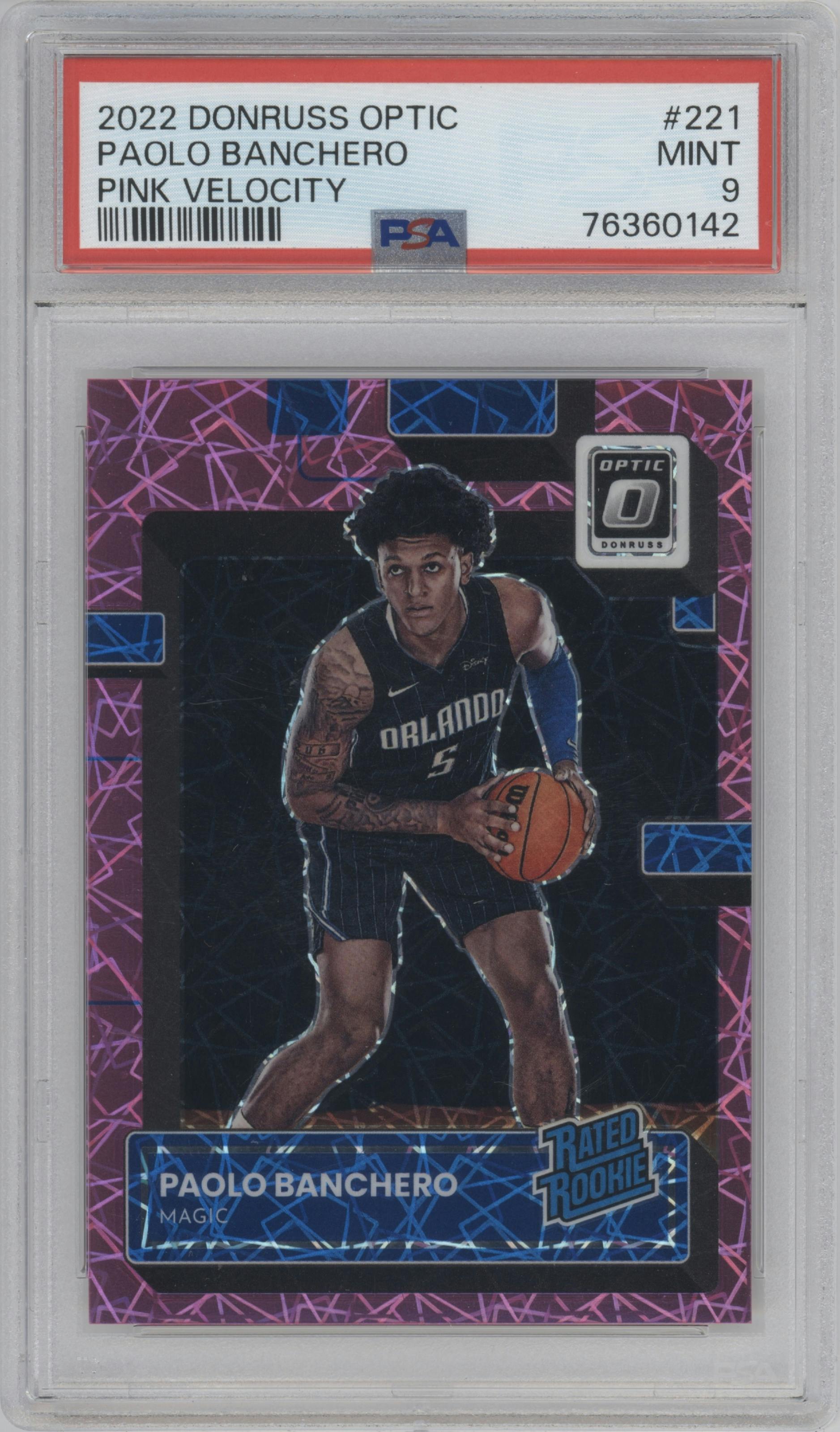 Paolo Banchero from the 2022-23 Panini Donruss Optic  set featuring a Pink Velocity parallel graded by PSA and given an overall grade of 9.