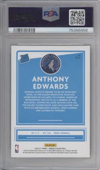 Anthony Edwards from the 2020-21 Panini Donruss set featuring a Orange Laser parallel graded by PSA and given an overall grade of 10.