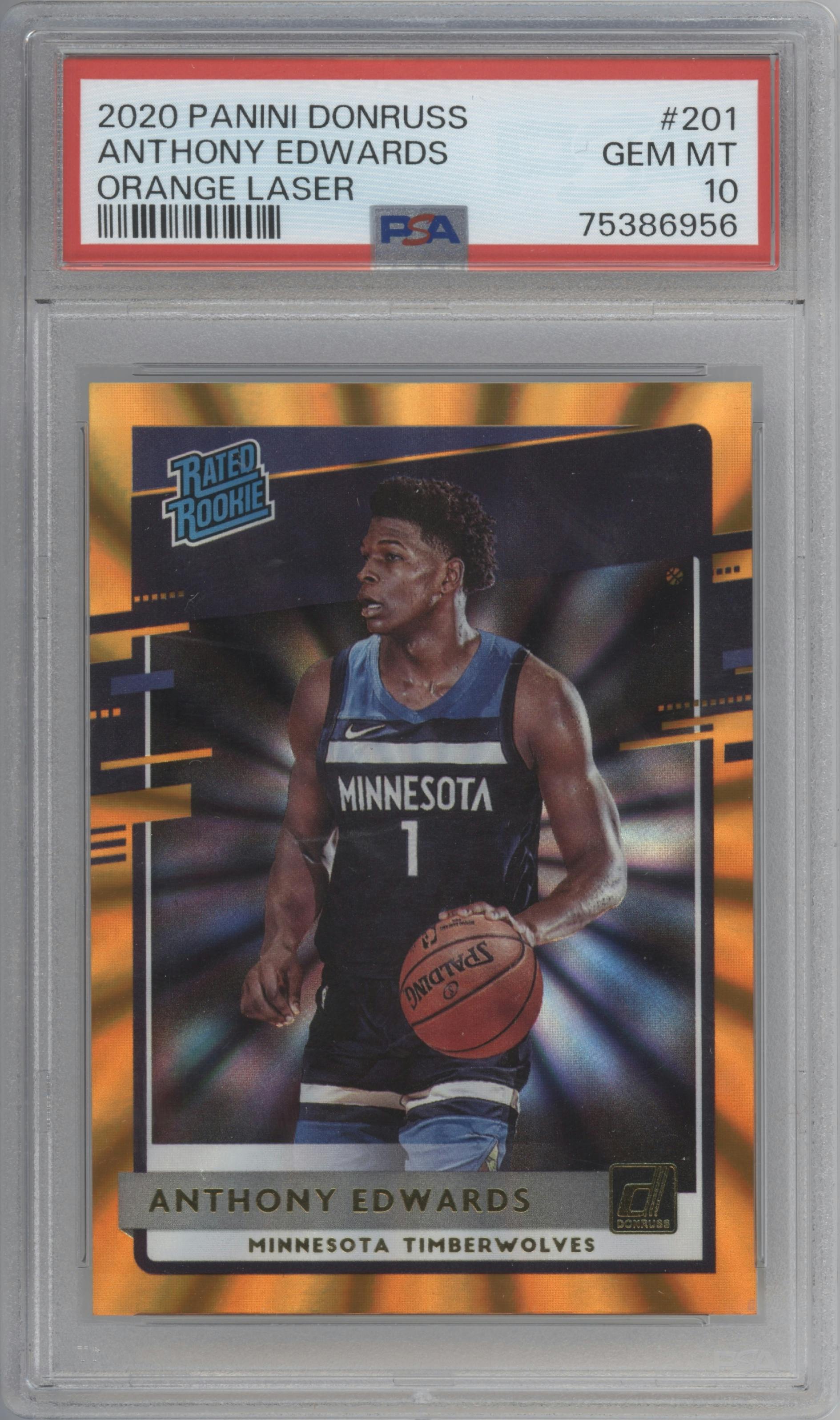 Anthony Edwards from the 2020-21 Panini Donruss set featuring a Orange Laser parallel graded by PSA and given an overall grade of 10.