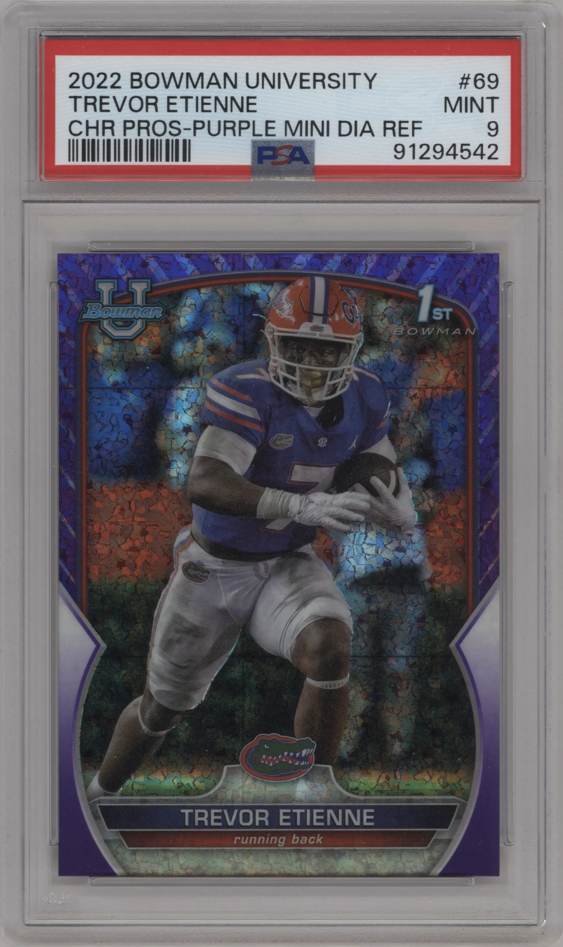 2022 Bowman University Chrome Trevor Etienne Purple Mini-Diamond Refractor #69 PSA 9