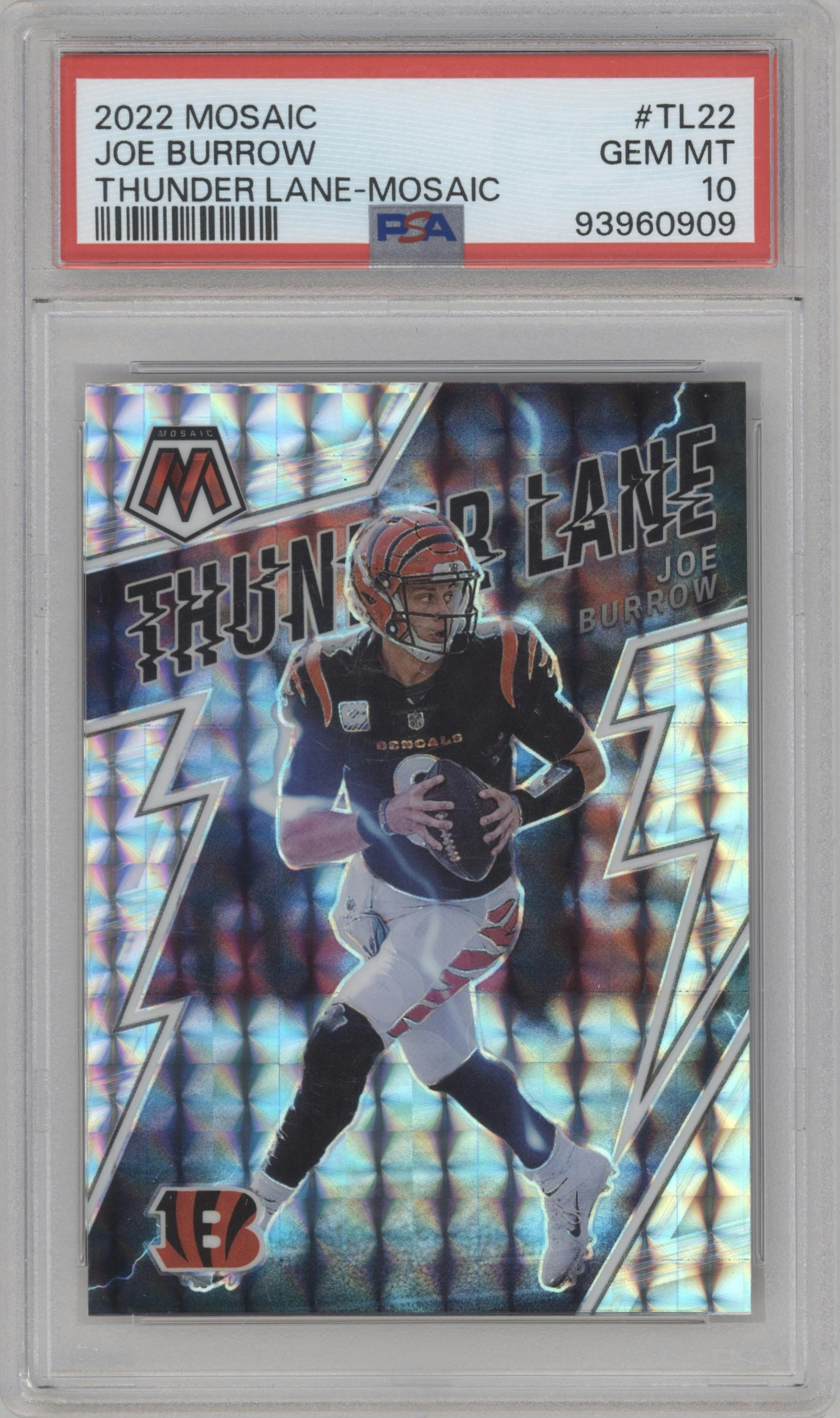 Joe Burrow  from the 2022 Panini Mosaic set featuring a Mosaic parallel graded by PSA and given an overall grade of 10.
