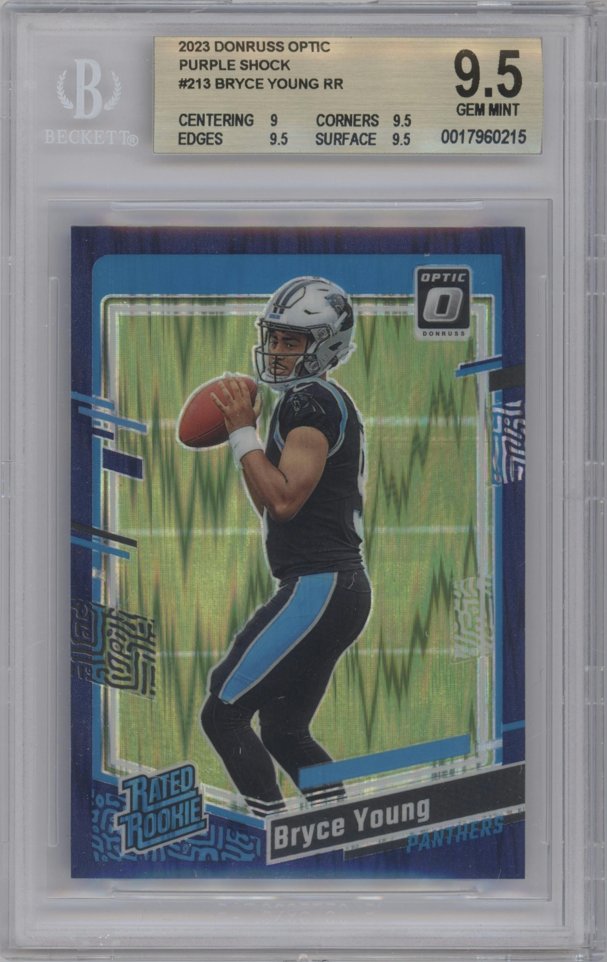 Bryce Young from the 2023 Donruss Optic set featuring a  Purple Shock parallel graded by Beckett and given an overall grade of 9.5.