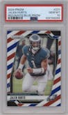 Jalen Hurts from the 2024 Panini Prizm set featuring a Red White Blue Prizm parallel graded by PSA and given an overall grade of 10.