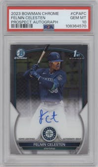 Felnin Celesten from the 2023 Bowman Chrome set graded by PSA and given an overall grade of 10.