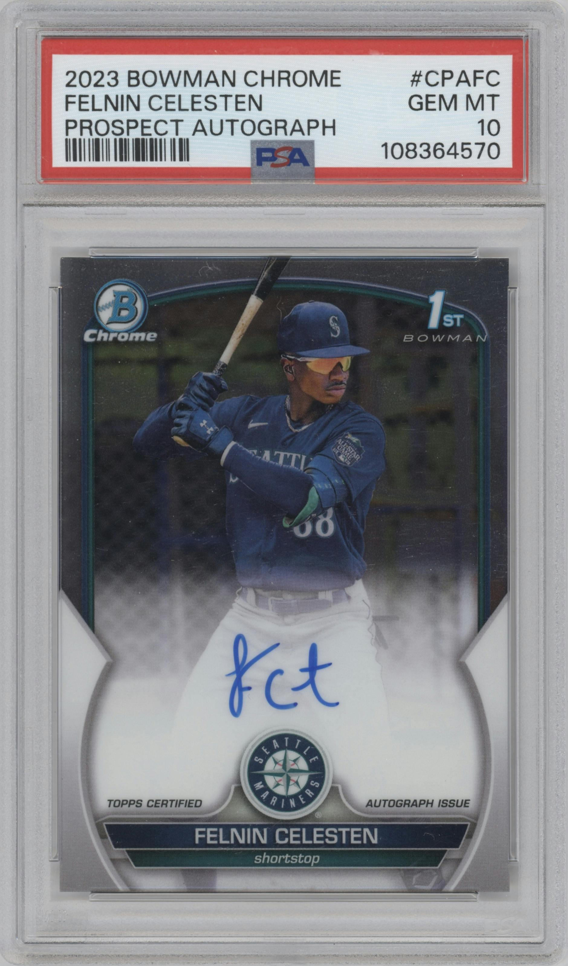 Felnin Celesten from the 2023 Bowman Chrome set graded by PSA and given an overall grade of 10.