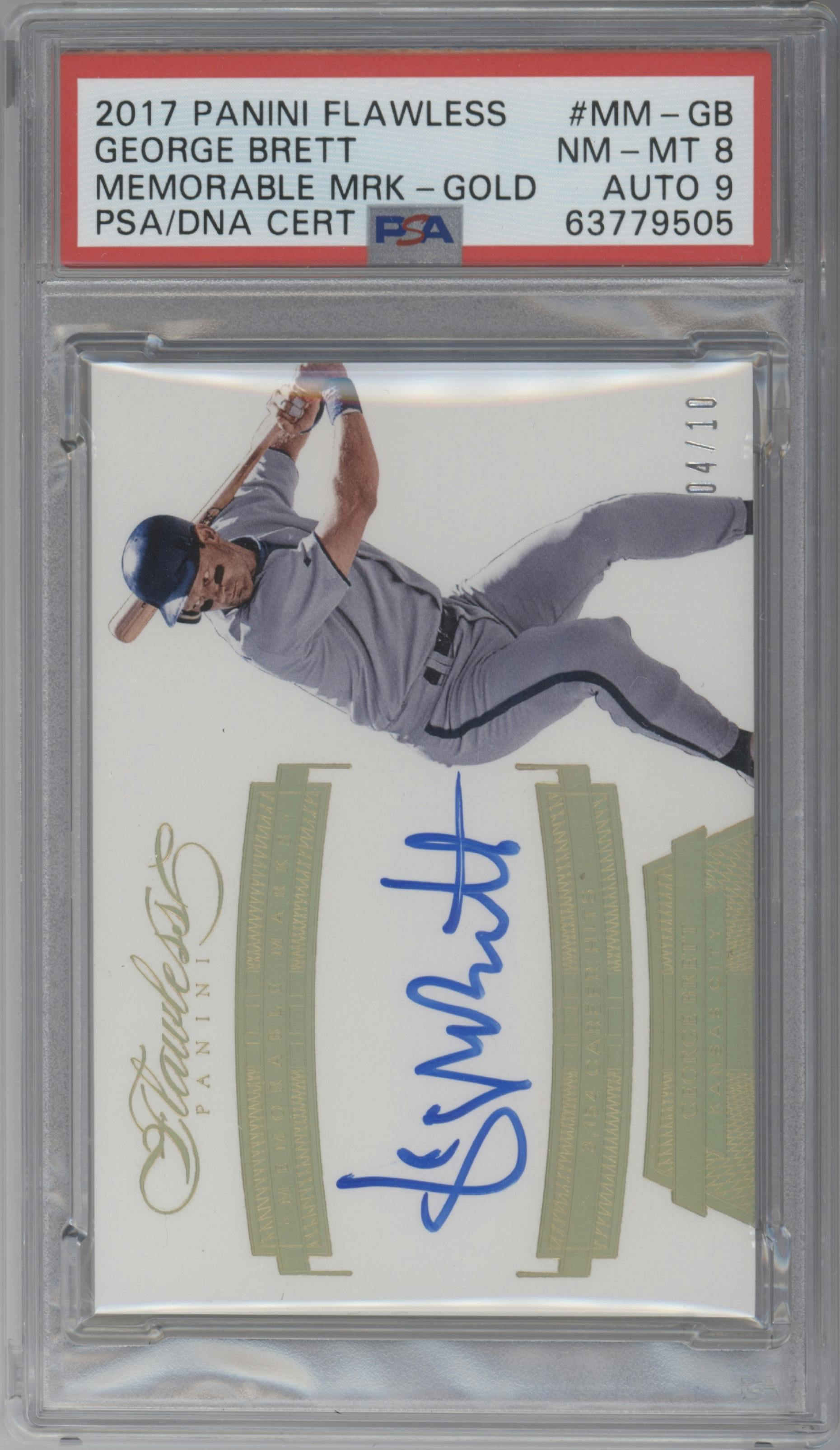 George Brett from the 2017 Panini Flawless set featuring a Gold parallel graded by PSA and given an overall grade of 8.